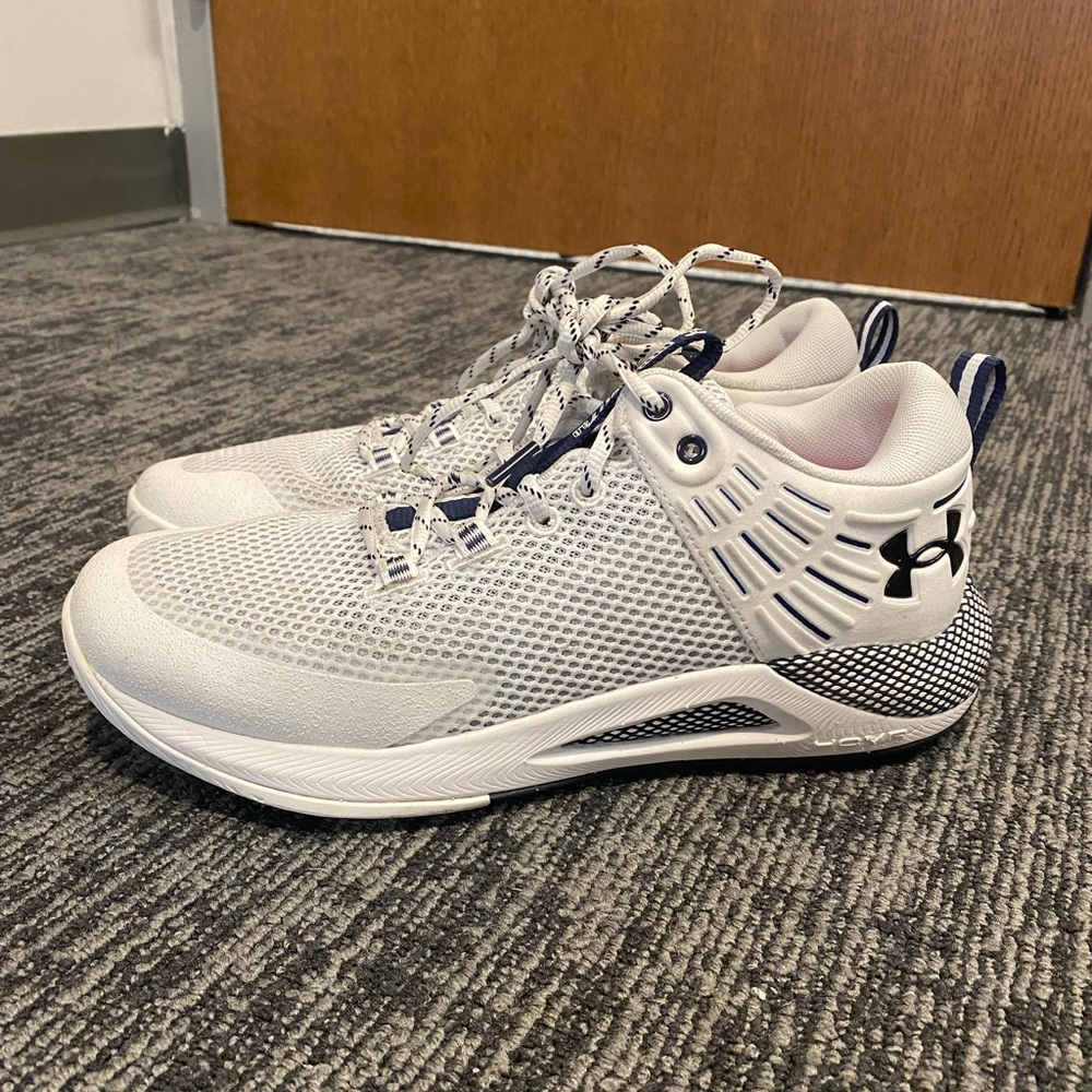 Under Armour UA Size 9.5 Block City 3.0 Volleyball Shoes White & Navy Womens
